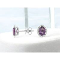 14K White Gold Oval Amethyst and Diamond Halo Stud Earrings - 1.40 Carat Total Amethyst Weight and 0.19 Carat Total Diamond Weight - Royal Jewelry
