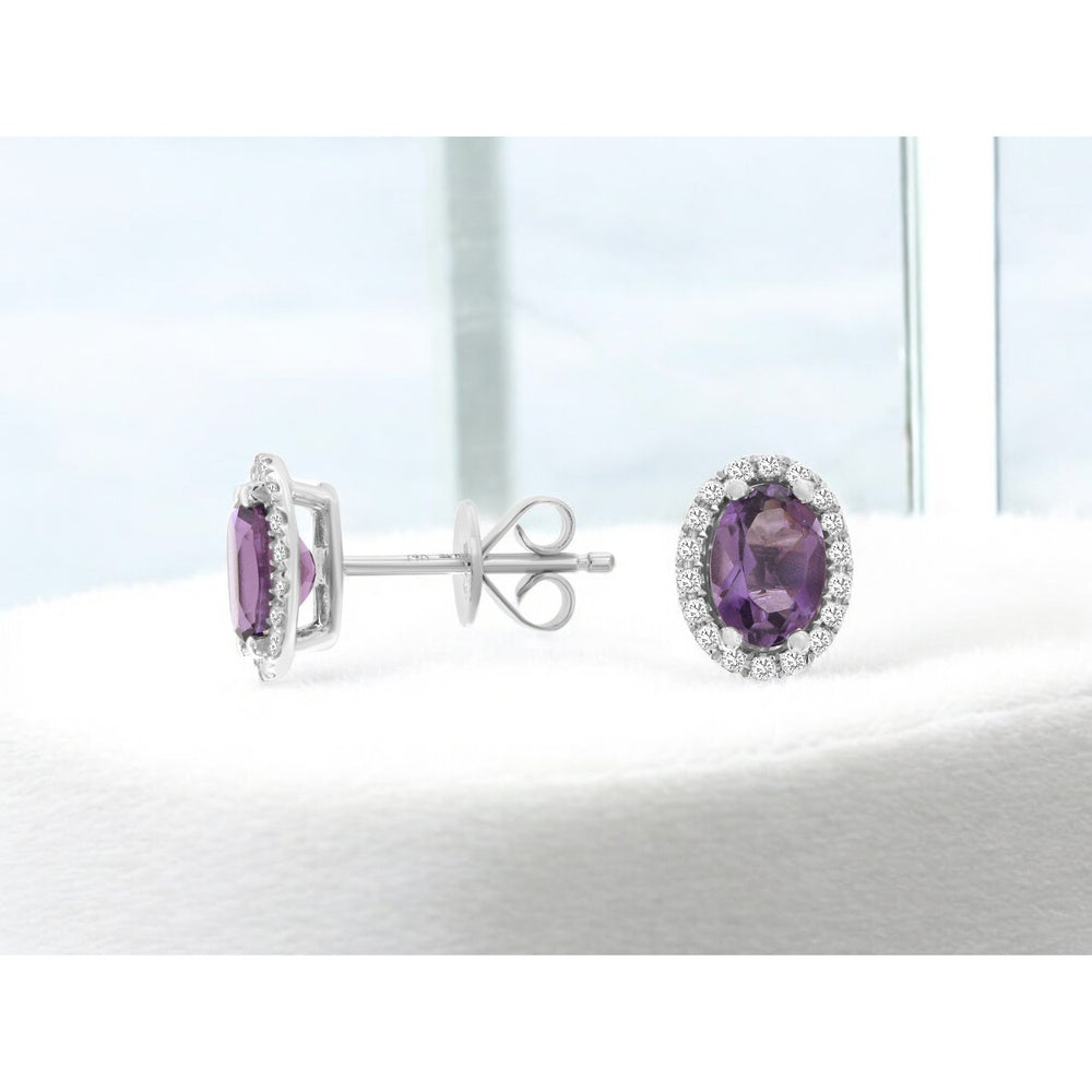 14K White Gold Oval Amethyst and Diamond Halo Stud Earrings - 1.40 Carat Total Amethyst Weight and 0.19 Carat Total Diamond Weight - Royal Jewelry