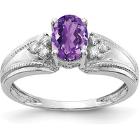 14K White Gold Oval Amethyst and Diamond Ring with Milgrain Detail - 0.75 Carat Amethyst, 0.07 Carat Total Diamond Weight by Monteluci Fine Jewelry