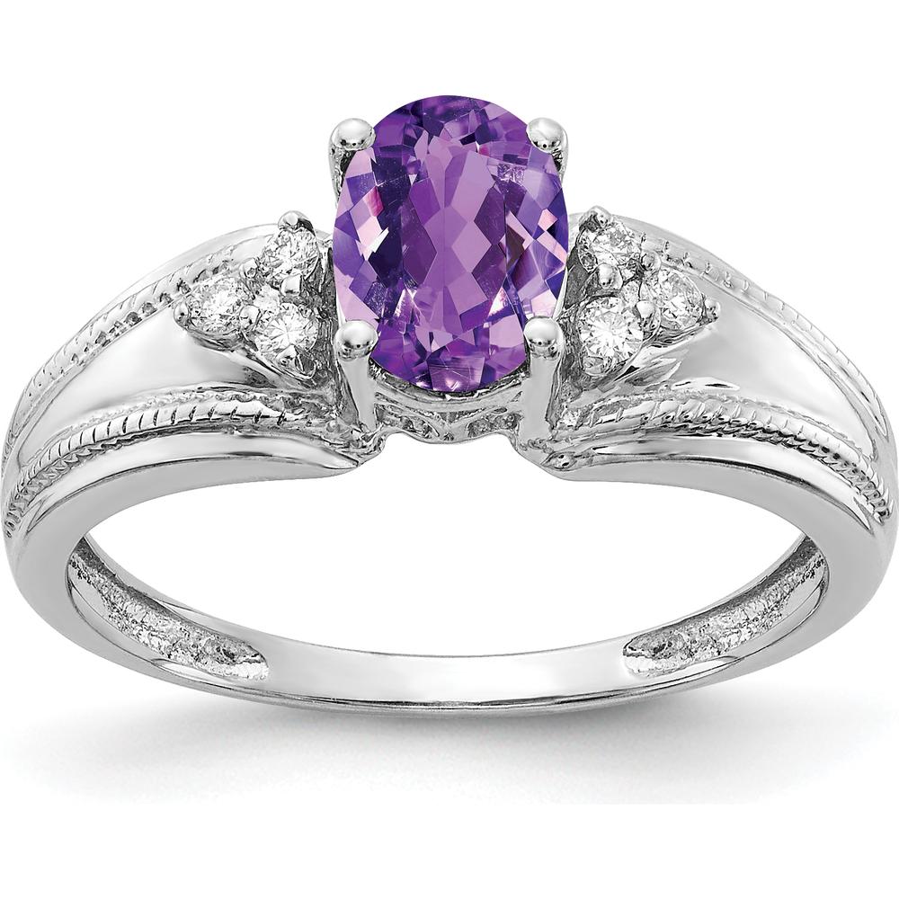 14K White Gold Oval Amethyst and Diamond Ring with Milgrain Detail - 0.75 Carat Amethyst, 0.07 Carat Total Diamond Weight by Monteluci Fine Jewelry