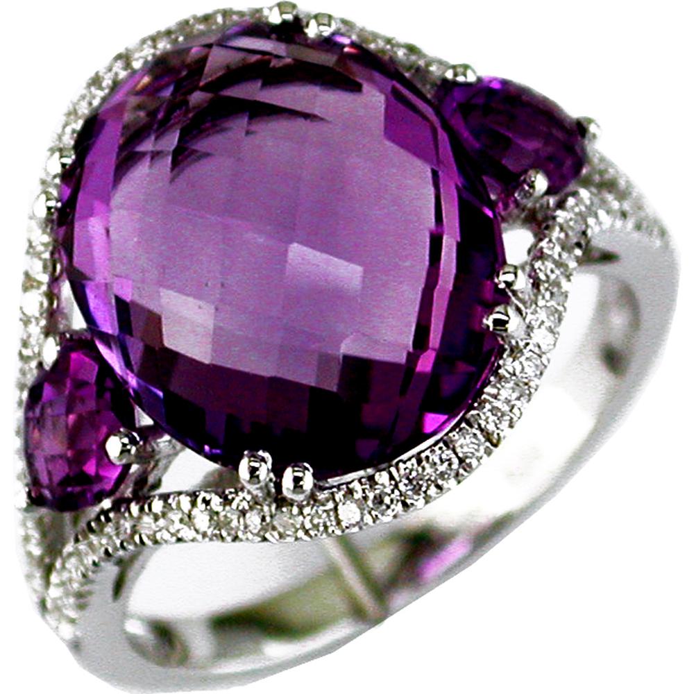 14K White Gold Oval Amethyst and Round Diamond Halo Ring - 8.00 Carat Amethyst and 0.28 Carat Total Diamond Weight - Royal Jewelry