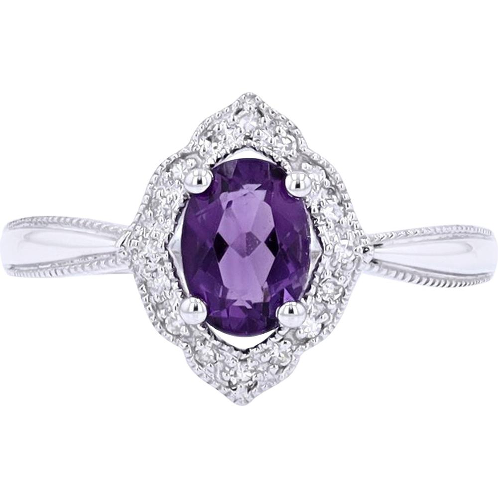 14K White Gold Oval Amethyst Ring with Diamond Halo and Milgrain Detail - 0.10 Carats Diamond Weight