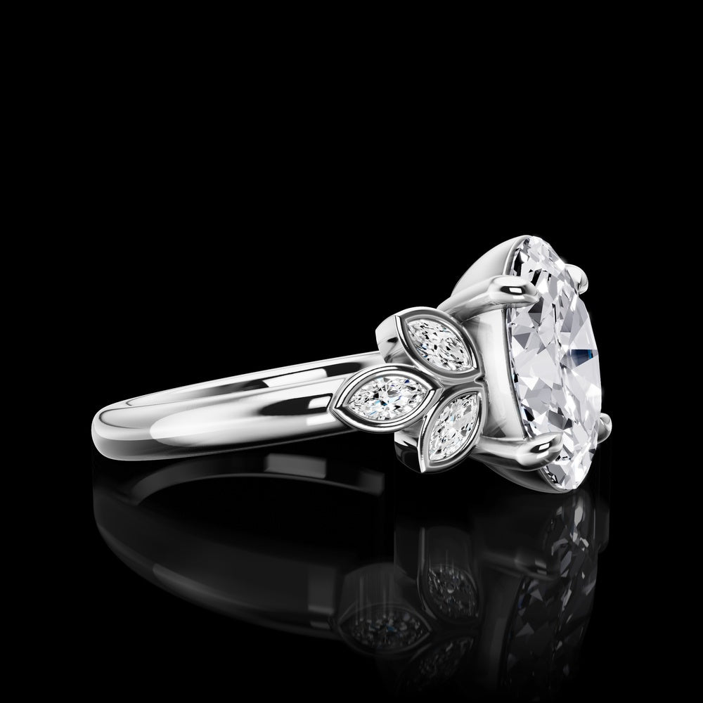 14K White Gold Oval & Marquise Lab Diamond Floral Ring - 1.72 Carats Total Diamond Weight, Featuring 1.52 Carats Center D VS2 Oval and Six Marquise Accents - Covaloro Fine Jewelry