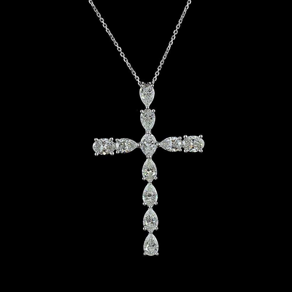 14K White Gold Oval and Pear Shaped Lab Diamond Cross Pendant - 4.18 Carat Total Diamond Weight - Covaloro Fine Jewelry