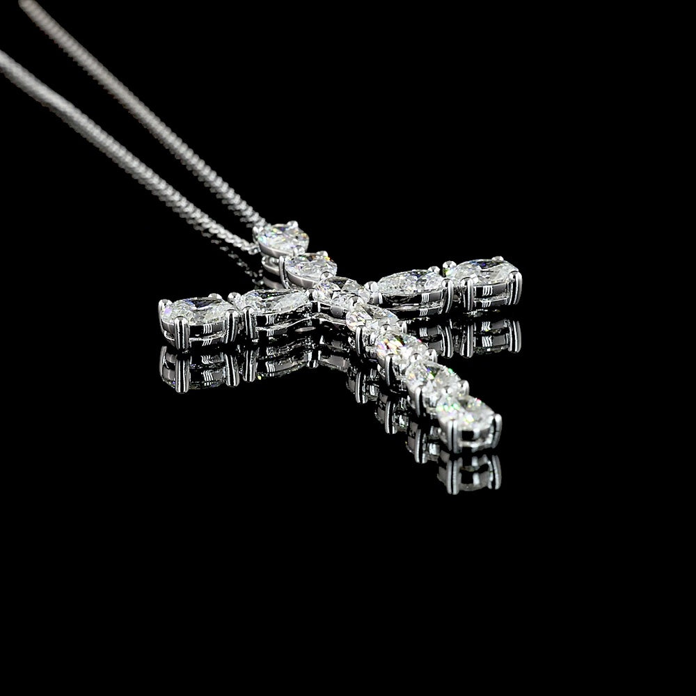 14K White Gold Oval and Pear Shaped Lab Diamond Cross Pendant - 4.18 Carat Total Diamond Weight - Covaloro Fine Jewelry