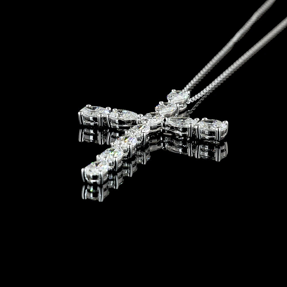 14K White Gold Oval and Pear Shaped Lab Diamond Cross Pendant - 4.18 Carat Total Diamond Weight - Covaloro Fine Jewelry