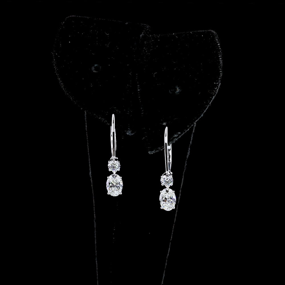 14K White Gold Oval and Round Lab Diamond Drop Earrings with Lever-Back Closures - 1.34 Carats Total Diamond Weight (E-F VS Clarity) - Covaloro Fine Jewelry