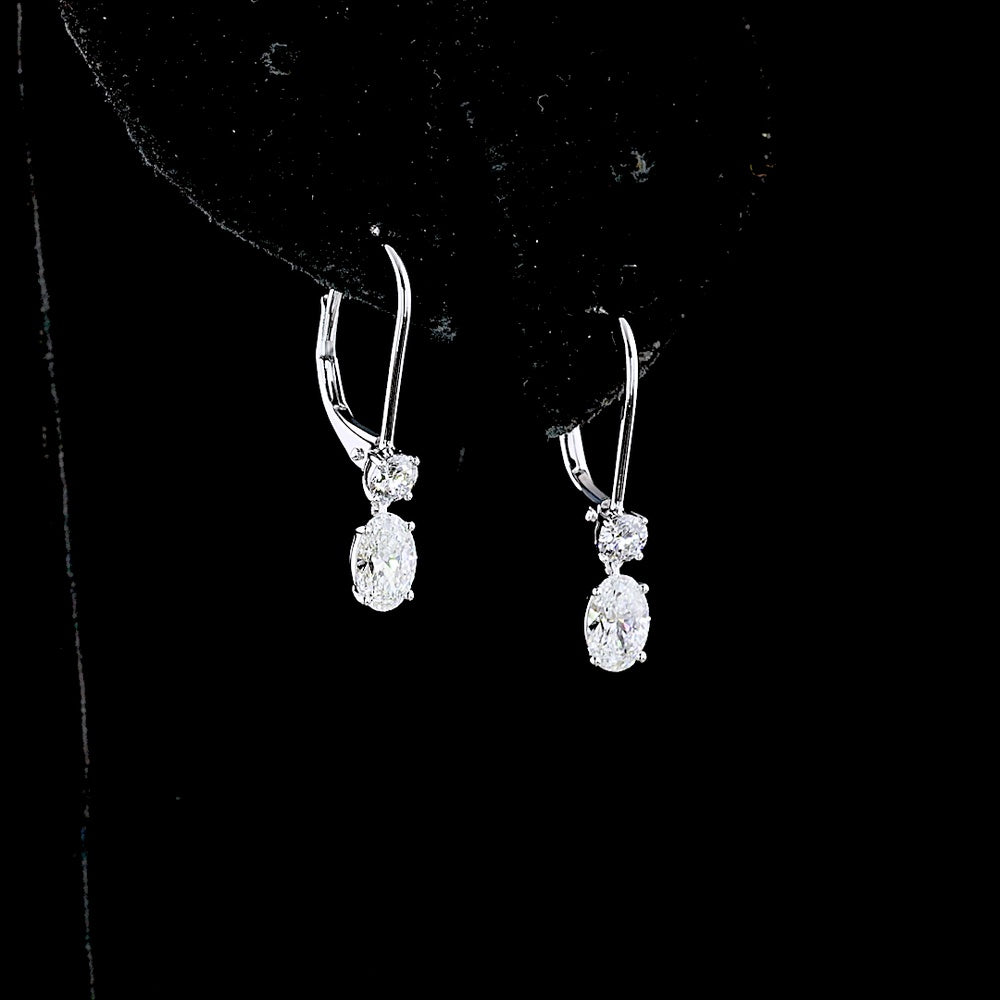 14K White Gold Oval and Round Lab Diamond Drop Earrings with Lever-Back Closures - 1.34 Carats Total Diamond Weight (E-F VS Clarity) - Covaloro Fine Jewelry