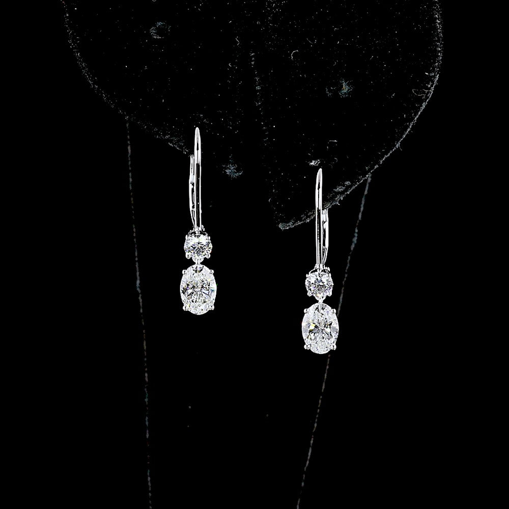 14K White Gold Oval and Round Lab Diamond Drop Earrings with Lever-Back Closures - 1.34 Carats Total Diamond Weight (E-F VS Clarity) - Covaloro Fine Jewelry