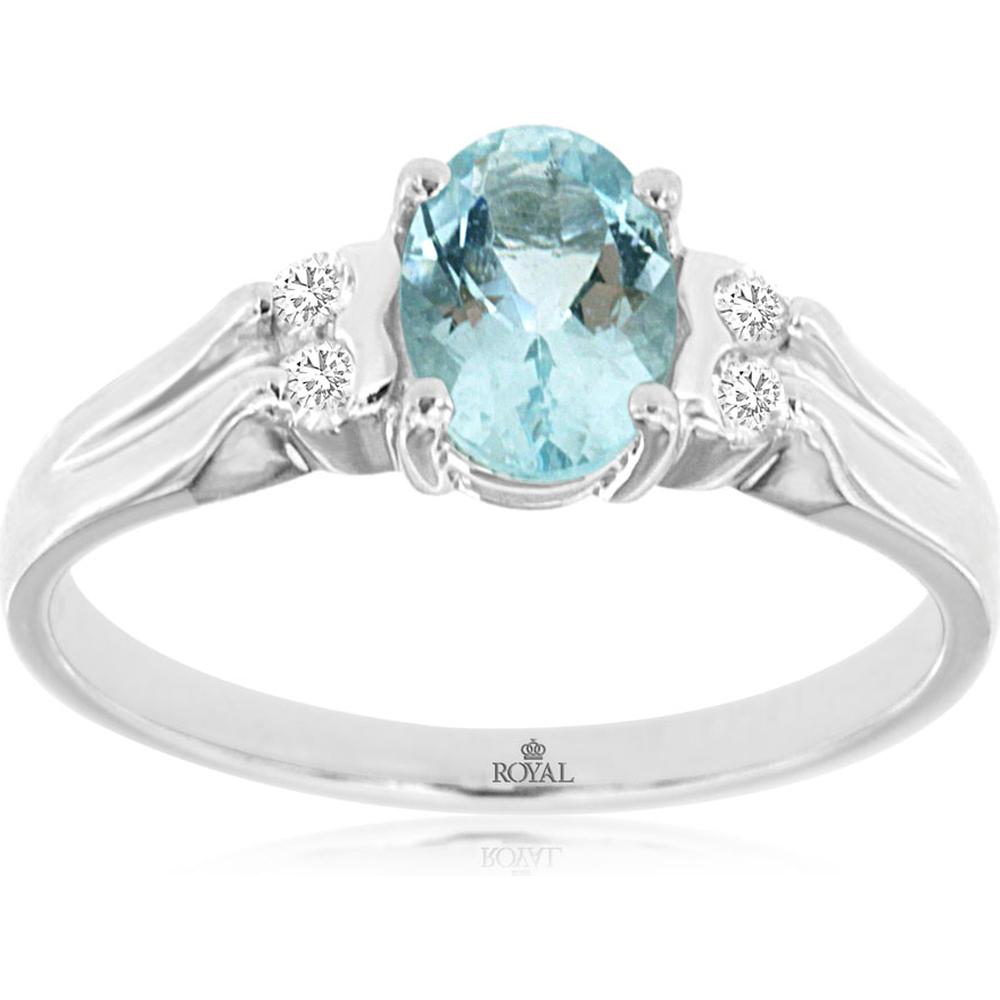 14K White Gold Oval Aquamarine and Diamond Accent Ring - 0.68 Carat Aquamarine, 0.10 Carat Total Diamond Weight - Royal Jewelry