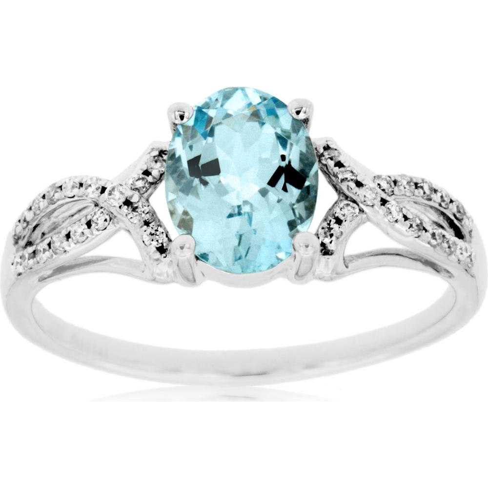 14K White Gold Oval Aquamarine and Diamond Accent Ring with 1.10 Carat Aquamarine and 0.14 Carat Total Diamond Weight - Royal Jewelry