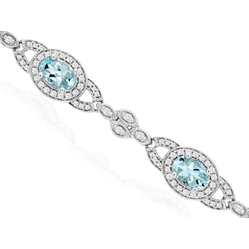 14K White Gold Oval Aquamarine and Diamond Bracelet with Milgrain Halo Stations - 2.95 Carat Total Aquamarine Weight and 1.08 Carat Total Diamond Weight - Royal Jewelry