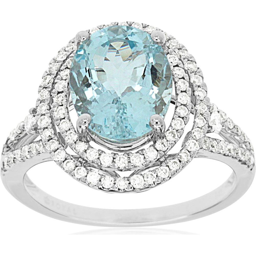 14K White Gold Oval Aquamarine & Diamond Double Halo Split Shank Ring - 2.05 Carat Aquamarine & 0.44 Carat Total Diamond Weight - Royal Jewelry