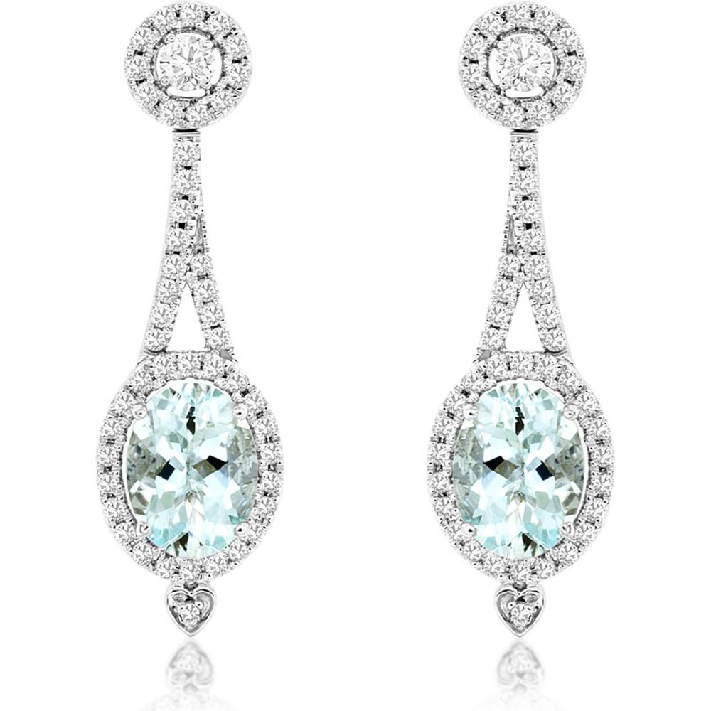 14K White Gold Oval Aquamarine and Diamond Drop Earrings with Pave Diamond Halo and Heart Detail - 2.20 Carat Total Aquamarine Weight, 0.63 Carat Total Diamond Weight - Royal Jewelry