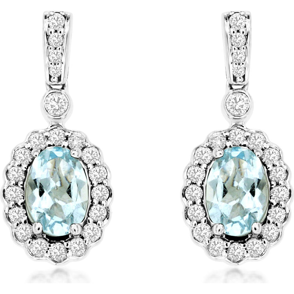 14K White Gold Oval Aquamarine and Diamond Halo Drop Earrings - 0.82 Carat Total Aquamarine Weight and 0.33 Carat Total Diamond Weight - Royal Jewelry