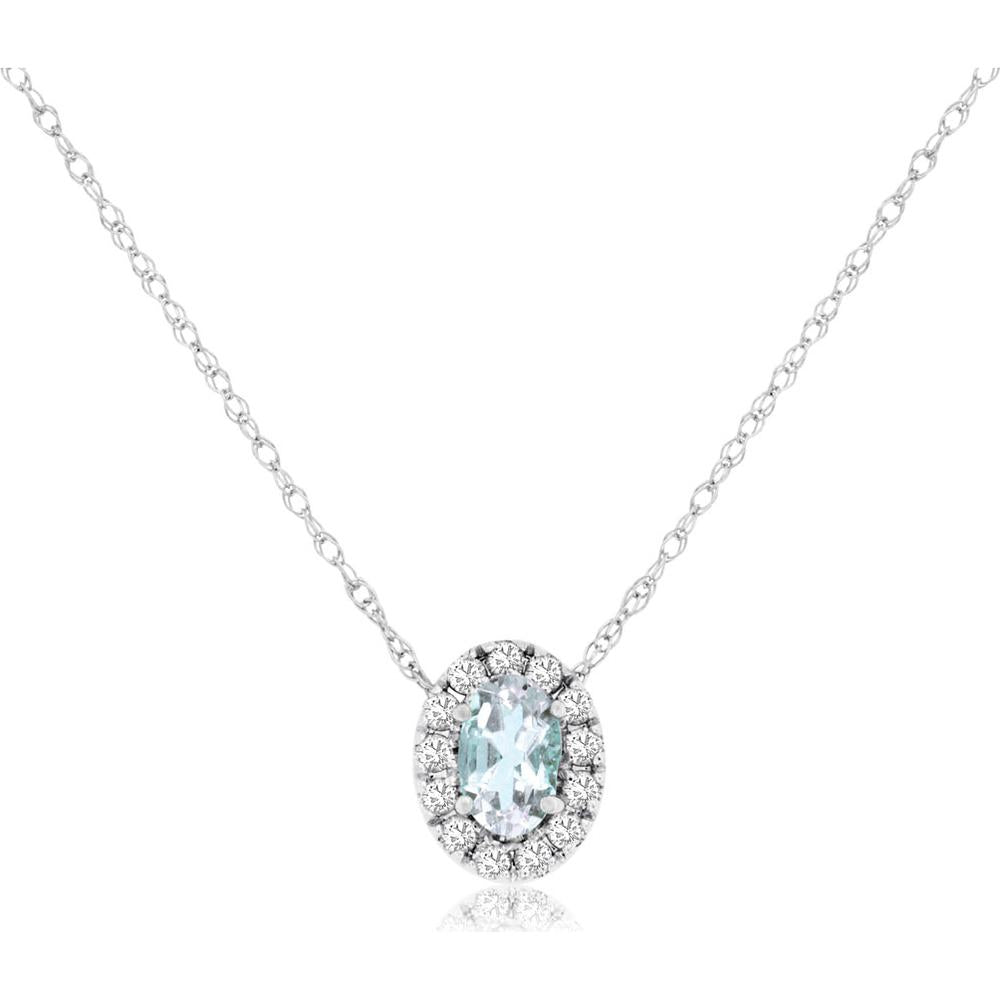 14K White Gold Oval Aquamarine and Diamond Halo Pendant Necklace - 0.20 Carat Aquamarine, 0.10 Carat Diamond Total Weight - Royal Jewelry