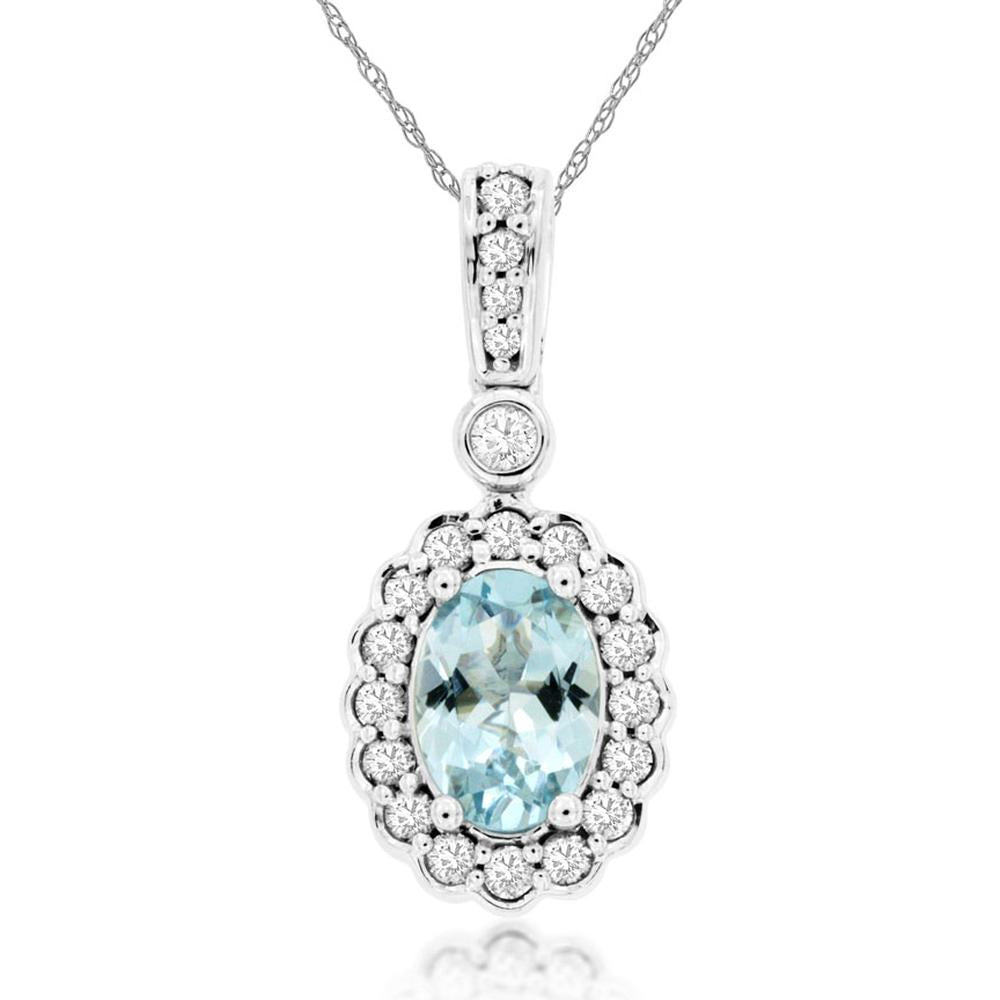 14K White Gold Oval Aquamarine and Diamond Halo Pendant with 0.68 Carat Aquamarine and 0.25 Carat Total Diamond Weight - Royal Jewelry