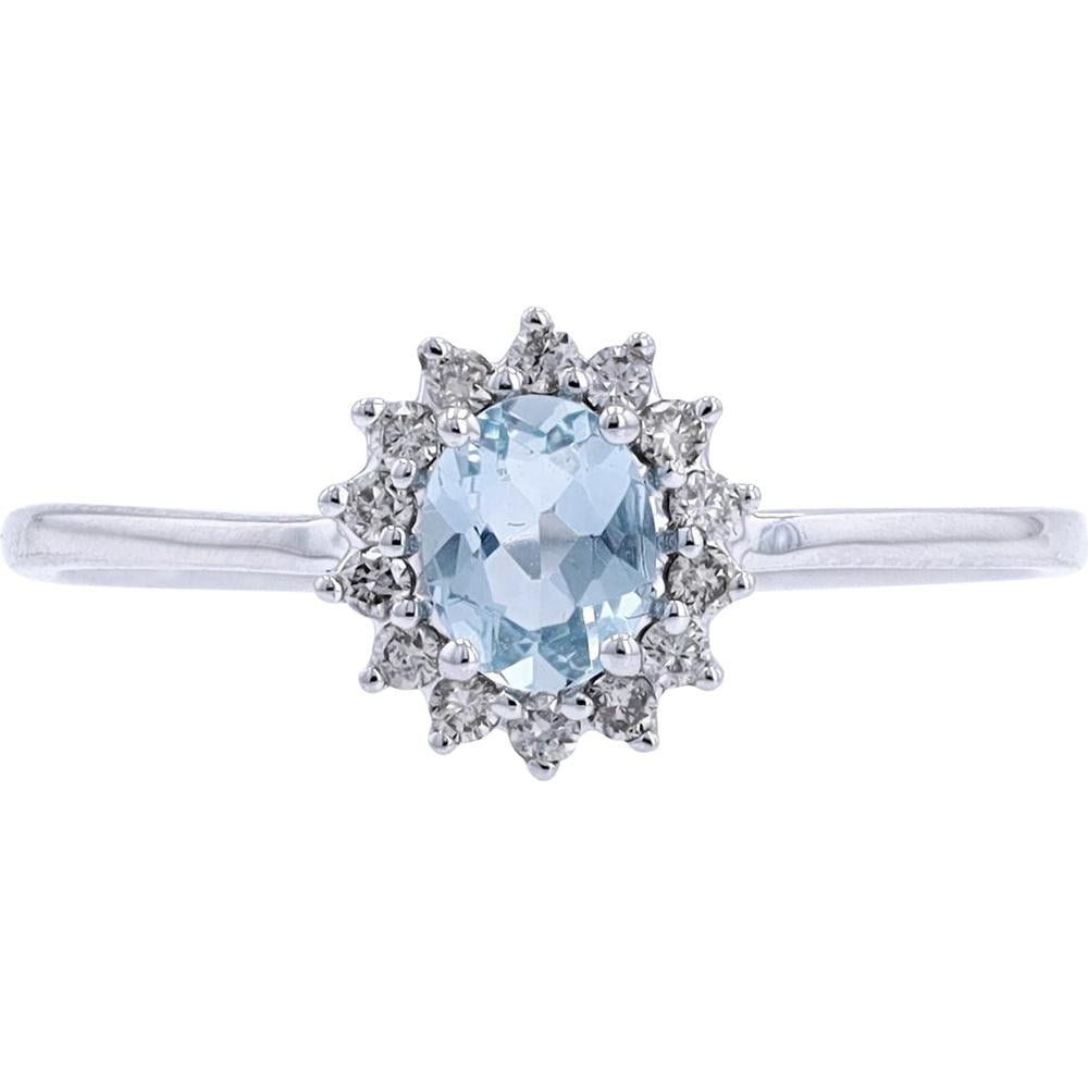 14K White Gold Oval Aquamarine and Diamond Halo Ring - 0.28 Carat Aquamarine & 0.13 Carat Total Diamond Weight
