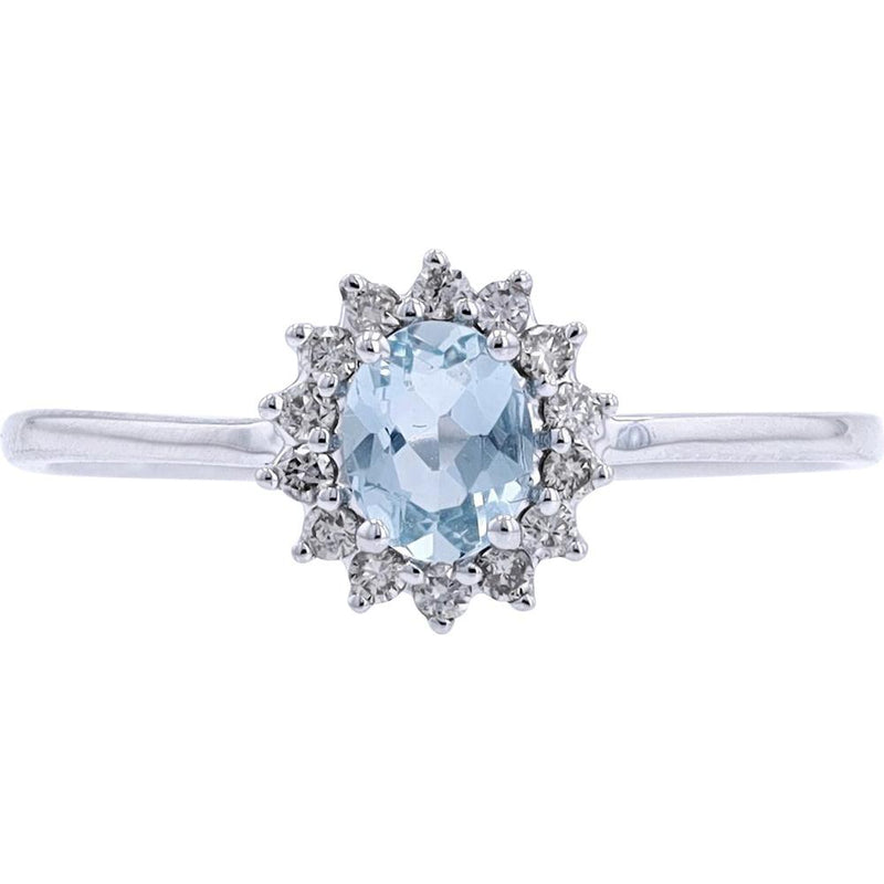 14K White Gold Oval Aquamarine and Diamond Halo Ring Carat