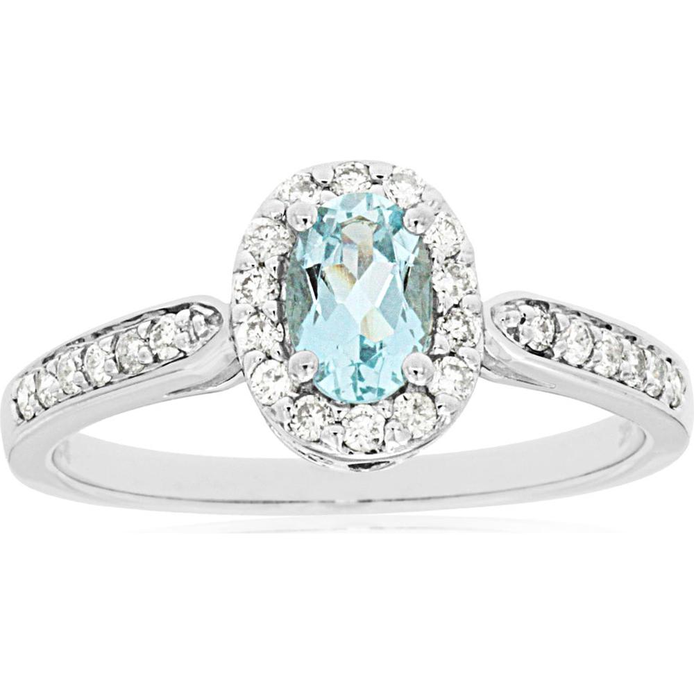 14K White Gold Oval Aquamarine & Diamond Halo Ring - 0.45 Carats Aquamarine, 0.26 Carats Total Diamond Weight
