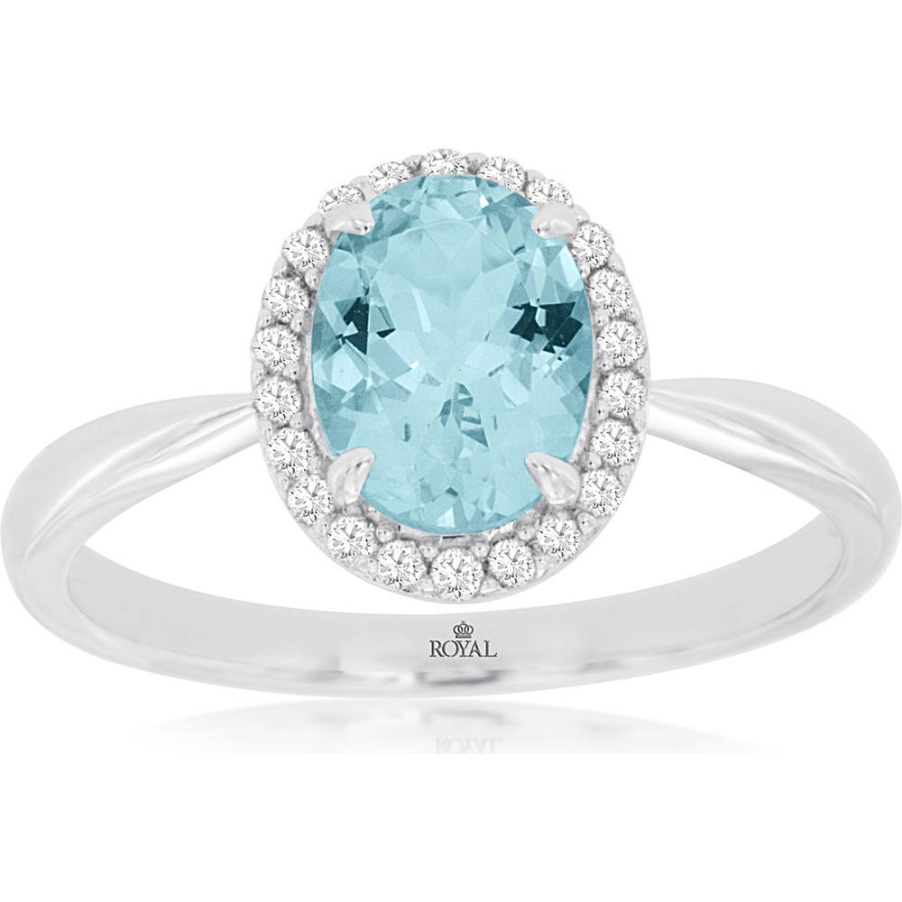 14K White Gold Oval Aquamarine and Diamond Halo Ring - 1.10 Carat Aquamarine, 0.14 Carat Total Diamond Weight - Royal Jewelry