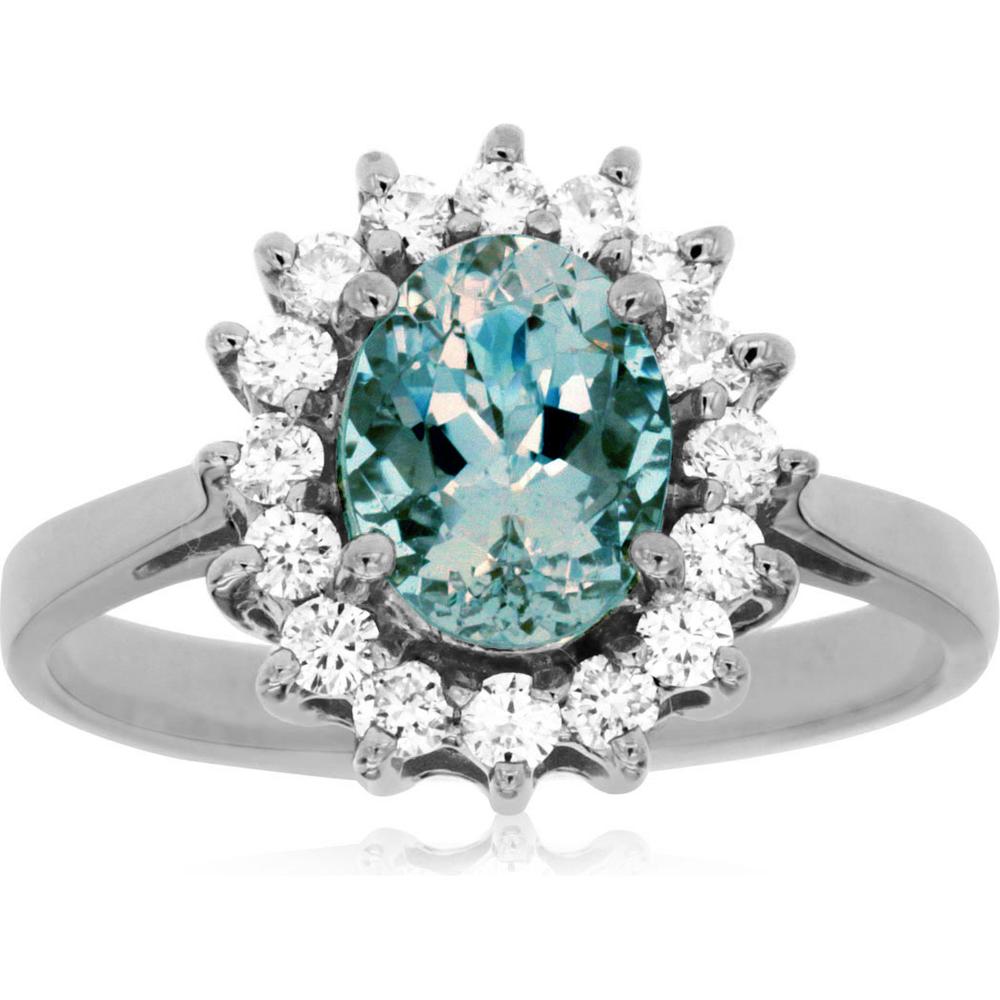 14K White Gold Oval Aquamarine and Diamond Halo Ring - 1.10 Carat Aquamarine, 0.43 Carat Diamond Total Weight - Royal Jewelry