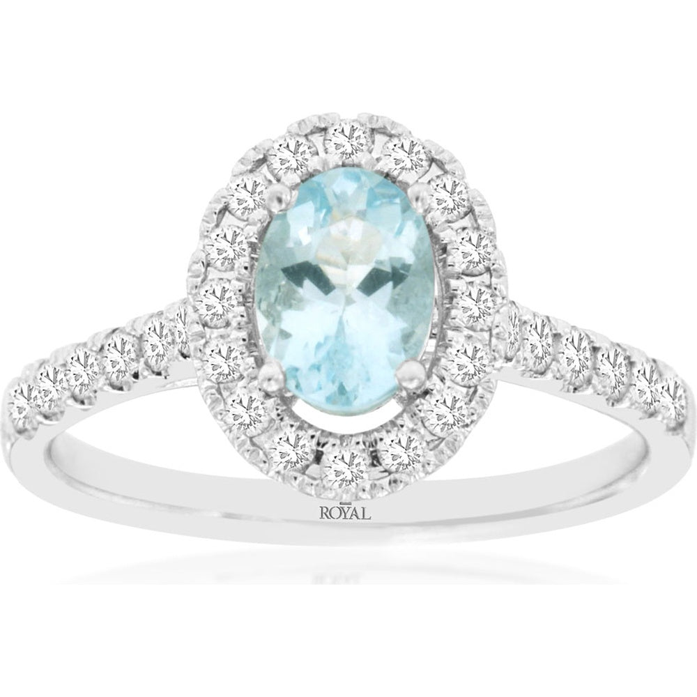 14K White Gold Oval Aquamarine and Diamond Halo Ring with Milgrain Detail - 0.68 Carat Aquamarine and 0.47 Carat Total Diamond Weight - Royal Jewelry