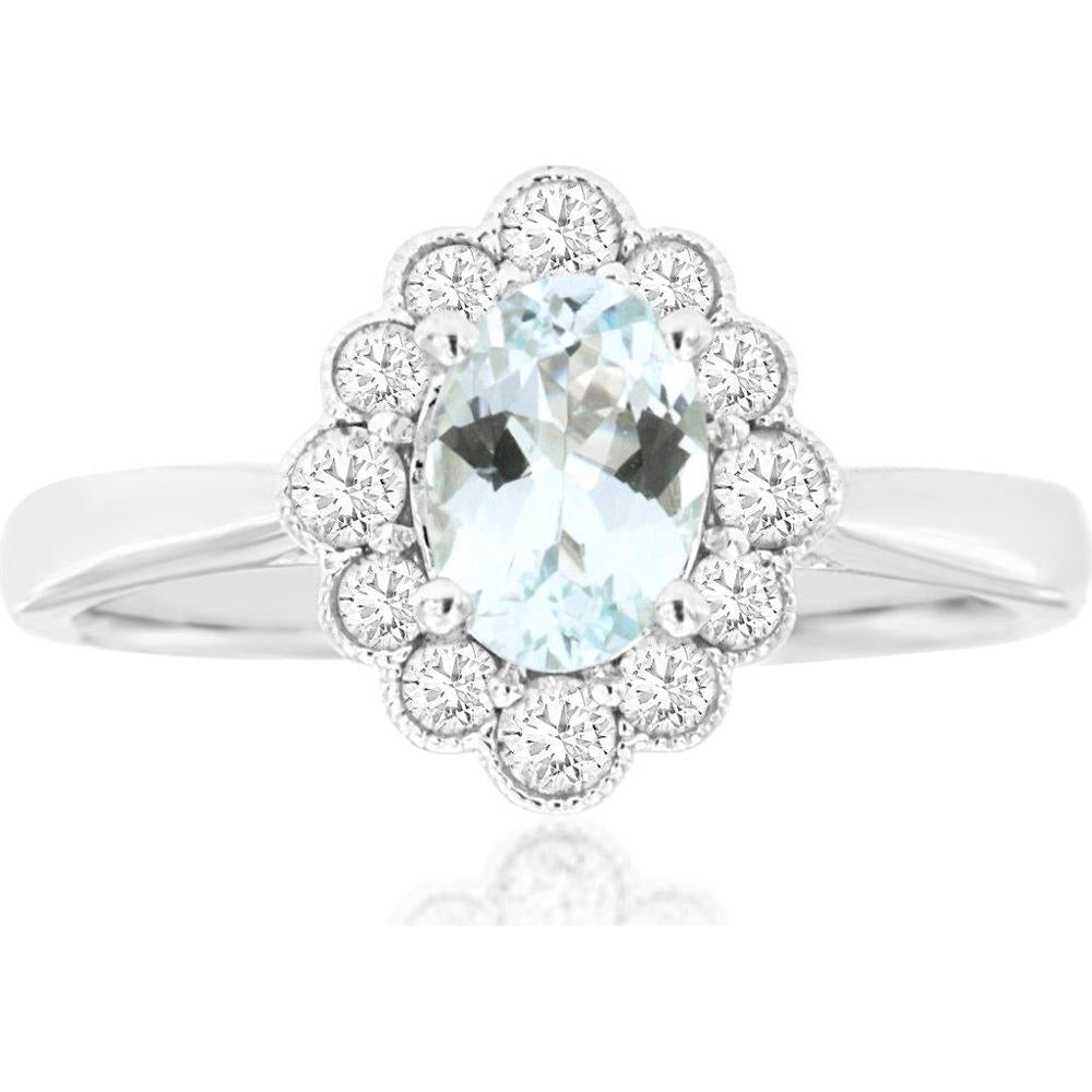 14K White Gold Oval Aquamarine and Diamond Halo Ring with Milgrain Detail - 0.70 Carat Aquamarine, 0.35 Carat Total Diamond Weight - Royal Jewelry