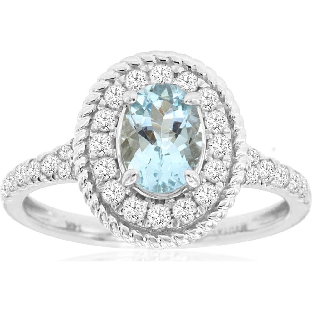 14K White Gold Oval Aquamarine and Diamond Halo Ring with Milgrain Edge and Pavé Shoulders - 0.68 Carat Aquamarine, 0.52 Carat Total Diamond Weight - Royal Jewelry