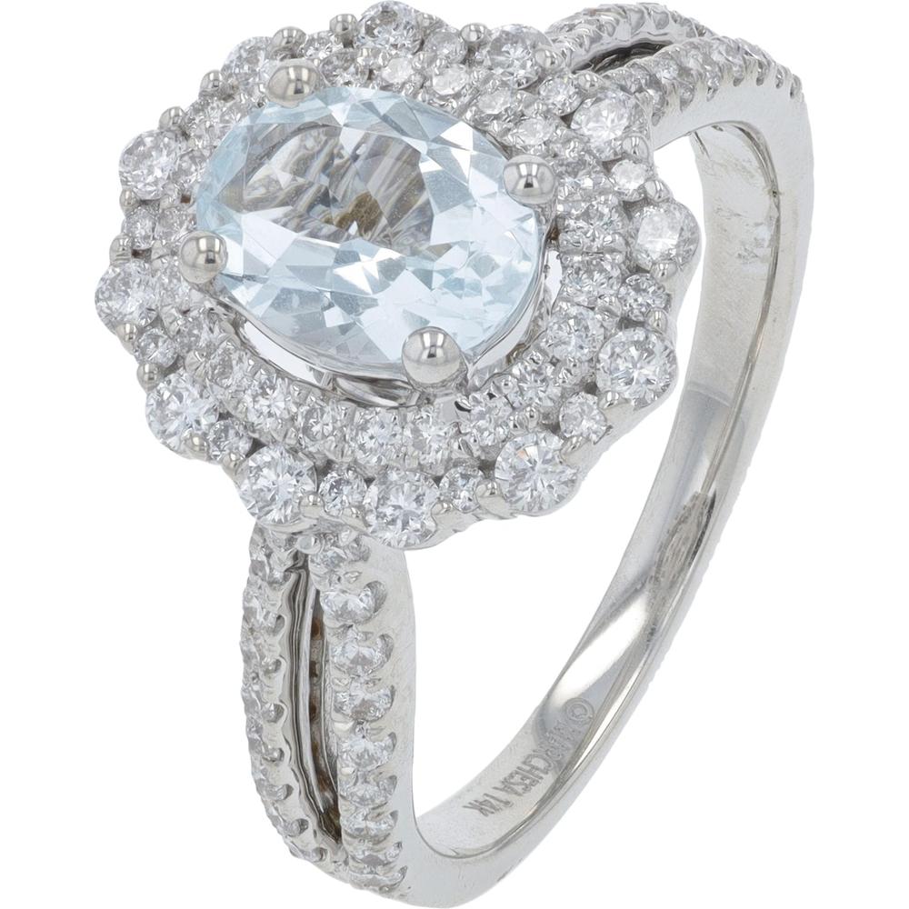 14K White Gold Oval Aquamarine and Diamond Halo Split-Shank Ring - 0.88 Carats Total Diamond Weight