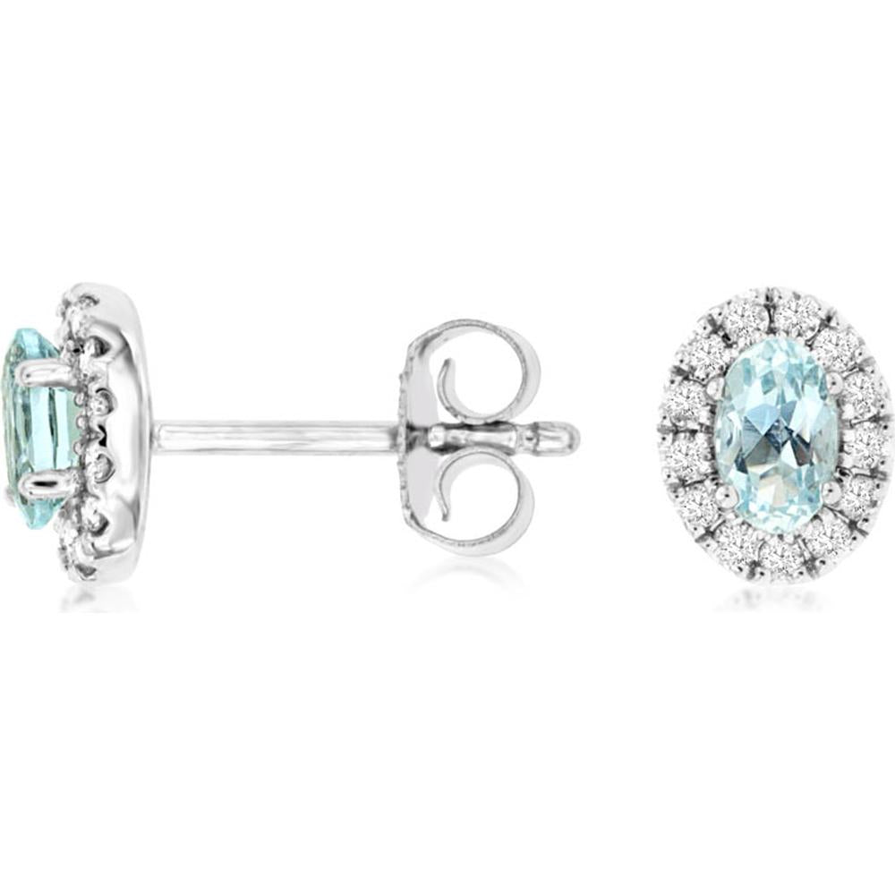 14K White Gold Oval Aquamarine & Diamond Halo Stud Earrings - 0.42 Carat Total Aquamarine Weight & 0.18 Carat Total Diamond Weight - Royal Jewelry
