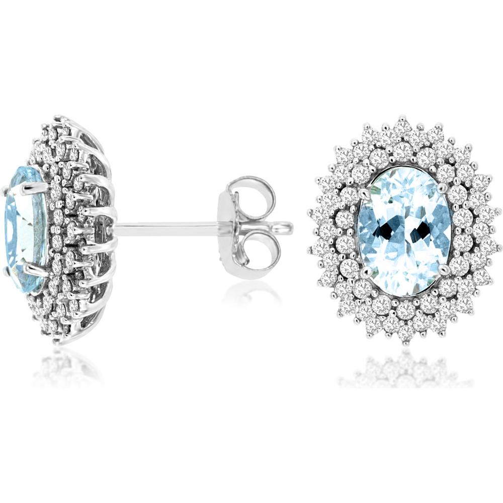 14K White Gold Oval Aquamarine and Diamond Halo Stud Earrings - 1.35 Carat Total Aquamarine Weight, 0.50 Carat Total Diamond Weight - Royal Jewelry