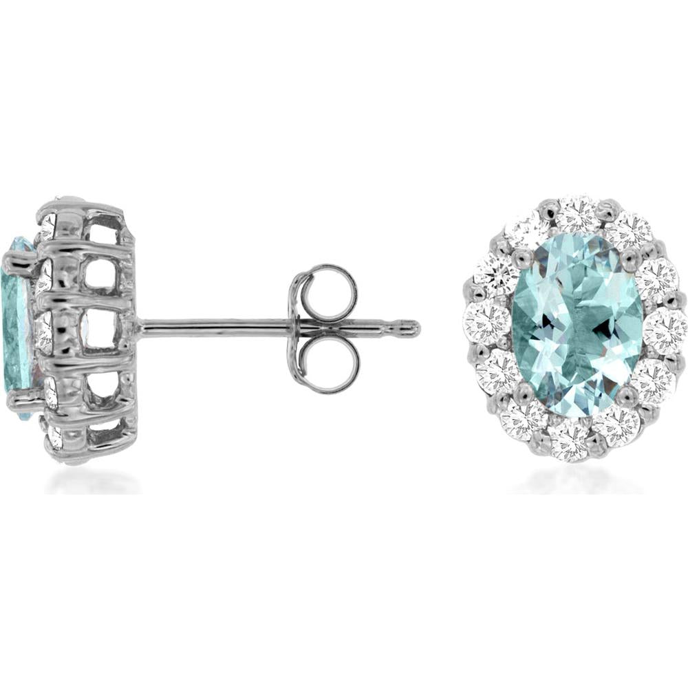 14K White Gold Oval Aquamarine & Diamond Halo Stud Earrings - 1.35 Carat Total Aquamarine Weight, 0.60 Carat Total Diamond Weight - Royal Jewelry