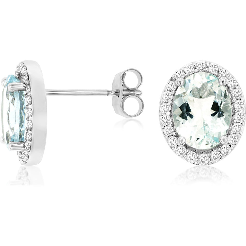 14K White Gold Oval Aquamarine and Diamond Halo Stud Earrings - 2.20 Carat Total Aquamarine Weight - Royal Jewelry