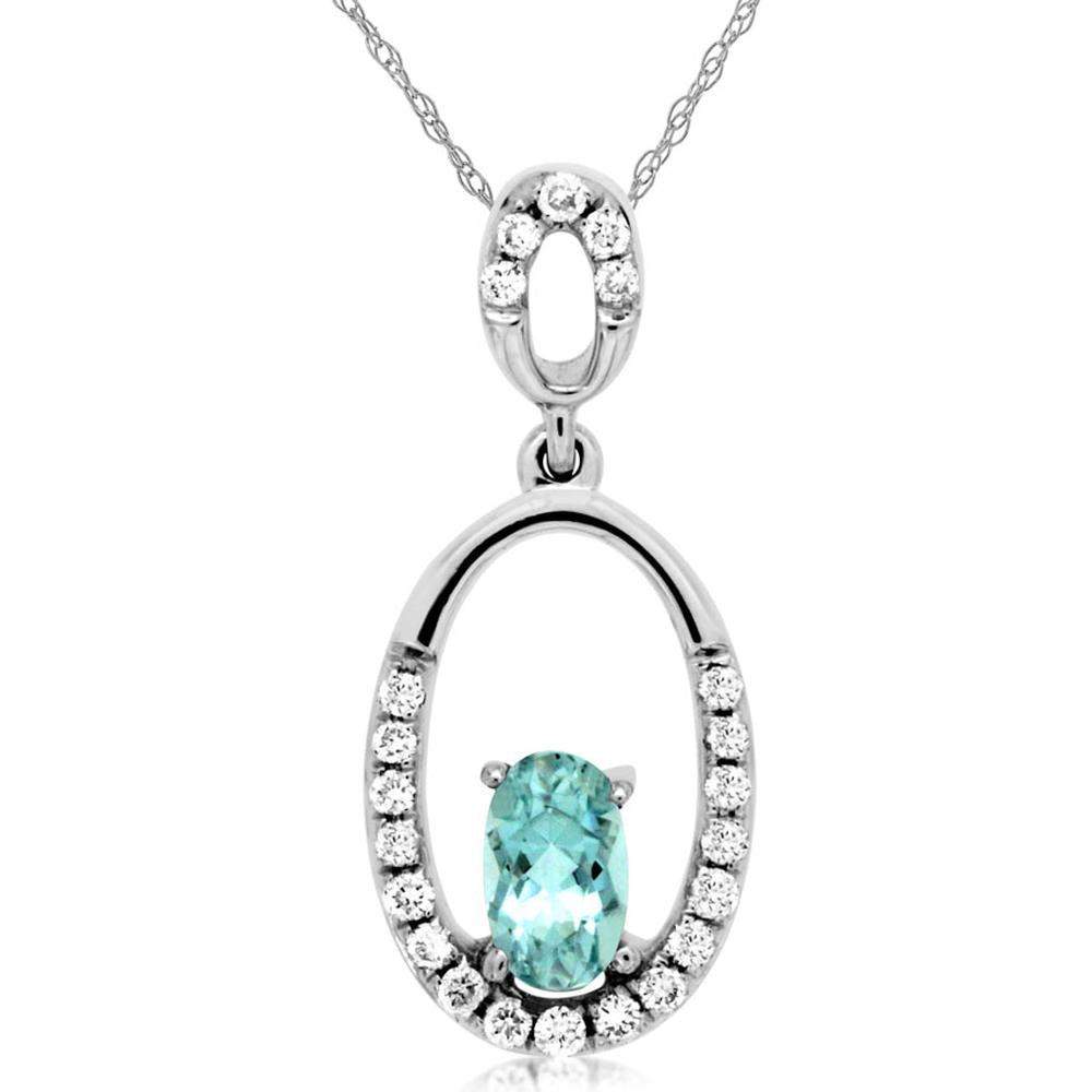 14K White Gold Oval Aquamarine & Diamond Pendant - 0.20 Carats Aquamarine, 0.10 Carats Diamond Total Weight