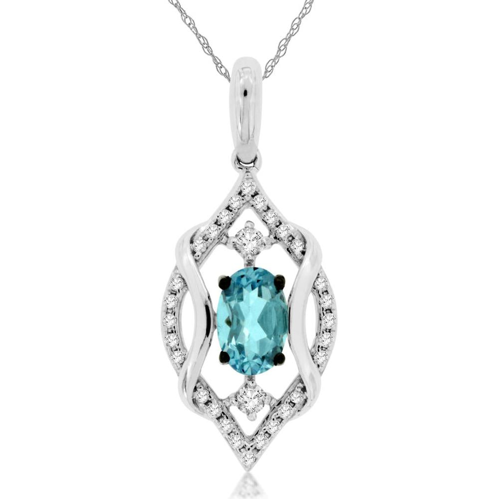 14K White Gold Oval Aquamarine & Diamond Pendant Necklace - 0.42 Carat Aquamarine and 0.12 Carat Total Diamond Weight - Royal Jewelry