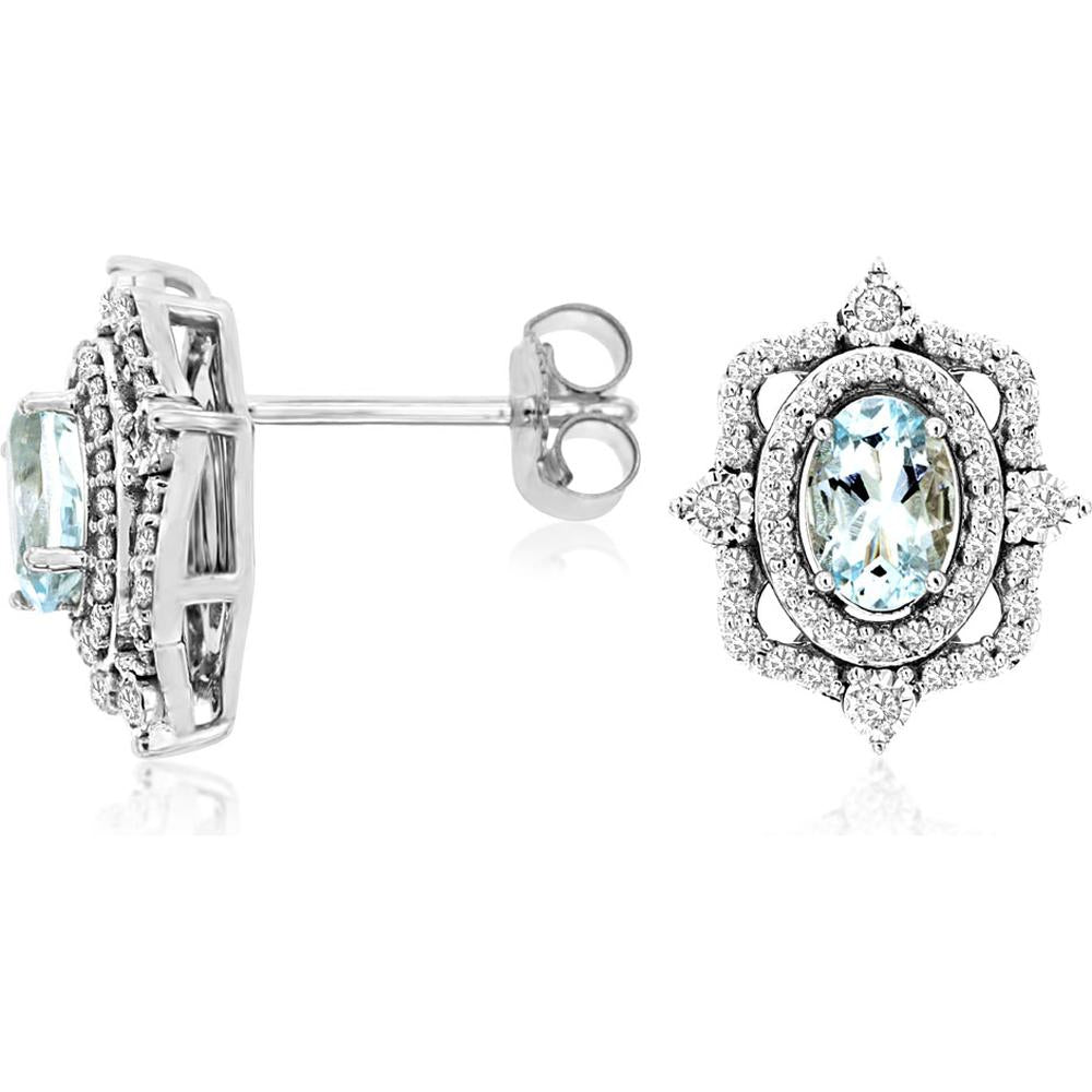 14K White Gold Oval Aquamarine and Diamond Stud Earrings with Decorative Diamond Halo - 0.85 Carat Total Aquamarine Weight and 0.39 Carat Total Diamond Weight - Royal Jewelry