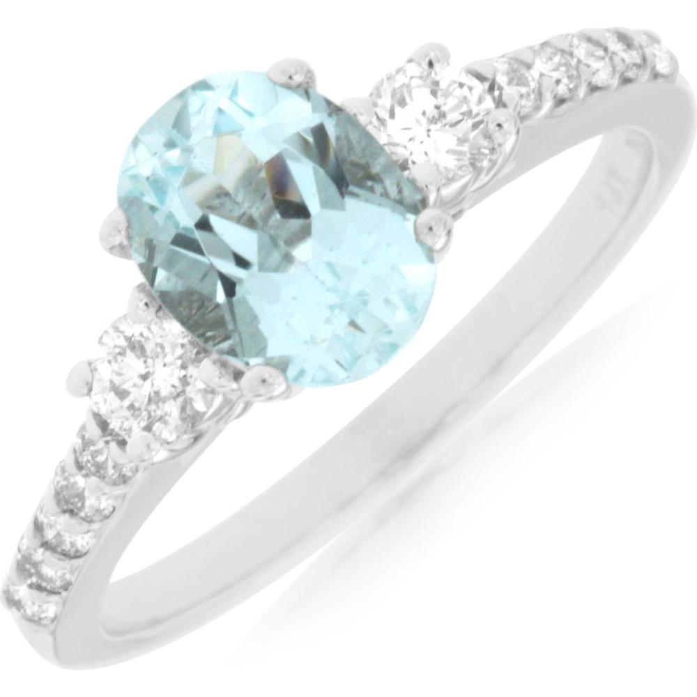 14K White Gold Oval Aquamarine and Diamond Three-Stone Ring - 1.10 Carat Aquamarine and 0.45 Carat Total Diamond Weight - Royal Jewelry