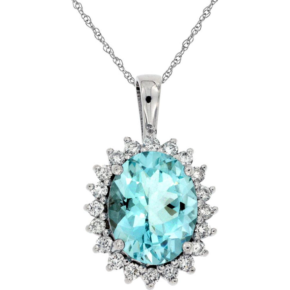 14K White Gold Oval Aquamarine Halo Pendant with Round Diamonds - 2.00 Carat Aquamarine and 0.36 Carat Total Diamond Weight - Royal Jewelry