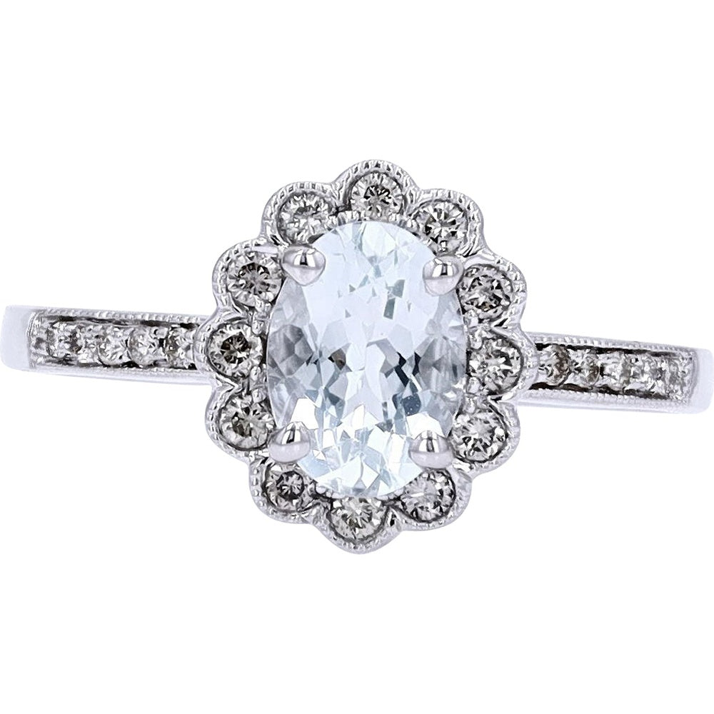 14K White Gold Oval Aquamarine Halo Ring with Milgrain Detail and Round Diamond Accents - 0.72 Carat Aquamarine and 0.18 Carat Total Diamond Weight