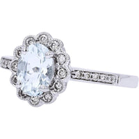 14K White Gold Oval Aquamarine Halo Ring with Milgrain Detail and Round Diamond Accents - 0.72 Carat Aquamarine and 0.18 Carat Total Diamond Weight