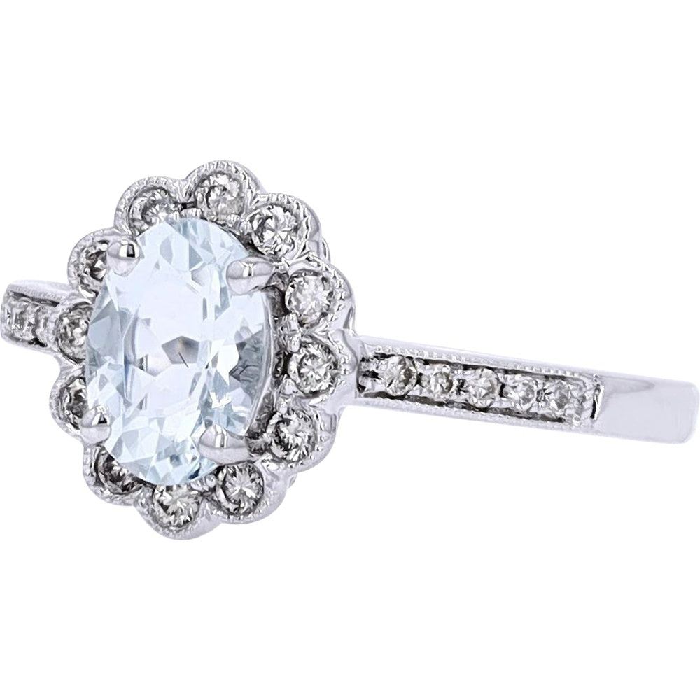 14K White Gold Oval Aquamarine Halo Ring with Milgrain Detail and Round Diamond Accents - 0.72 Carat Aquamarine and 0.18 Carat Total Diamond Weight