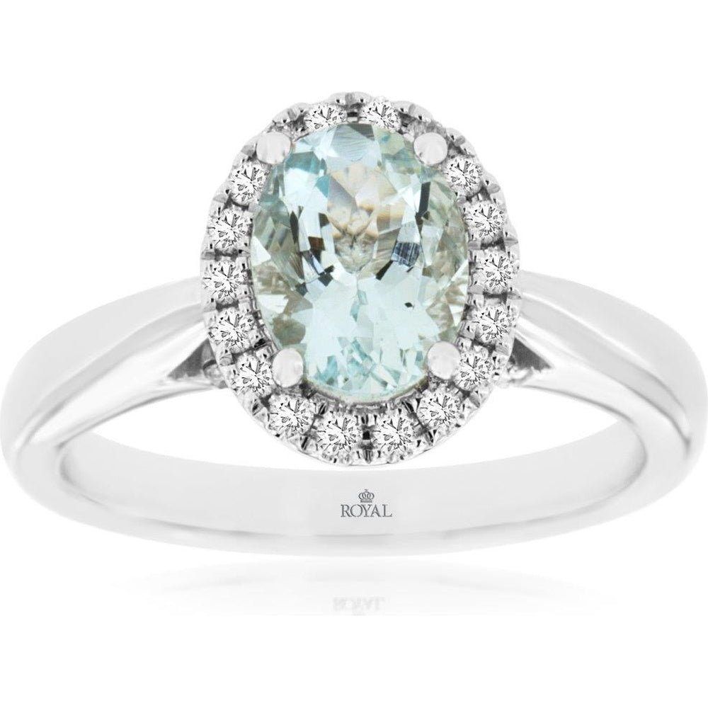 14K White Gold Oval Aquamarine Halo Ring with Round Diamond Accents - 1.10 Carat Aquamarine and 0.34 Carat Total Diamond Weight - Royal Jewelry