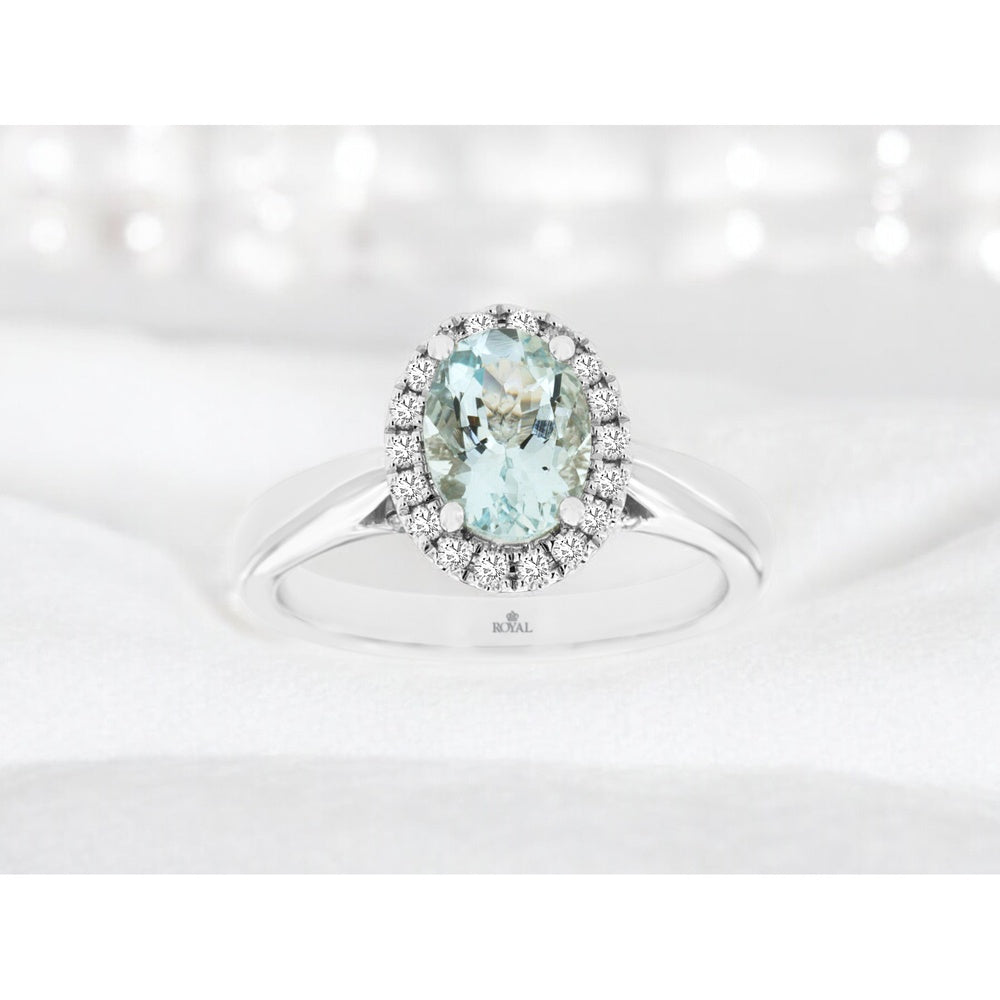 14K White Gold Oval Aquamarine Halo Ring with Round Diamond Accents - 1.10 Carat Aquamarine and 0.34 Carat Total Diamond Weight - Royal Jewelry