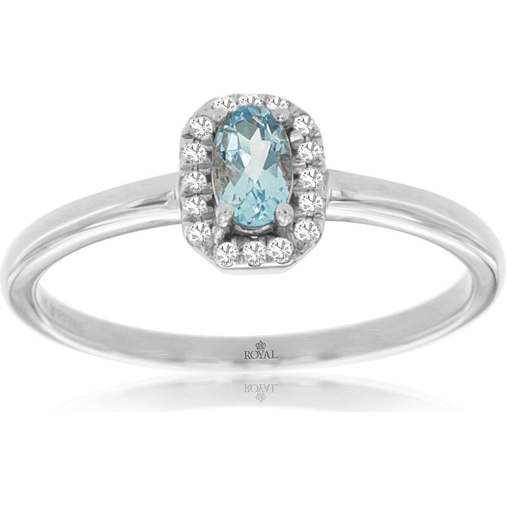 14K White Gold Oval Aquamarine Halo Ring with Round Diamonds - 0.15 Carat Aquamarine & 0.06 Carat Total Diamond Weight - Royal Jewelry