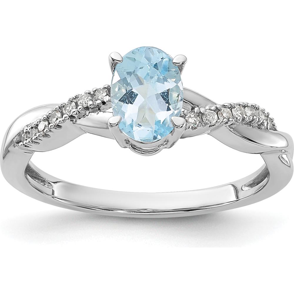 14K White Gold Oval Aquamarine Ring with Diamond Accented Twist Band - Natural 7x5mm Aquamarine and 0.08 Carat Total Diamond Weight by 0