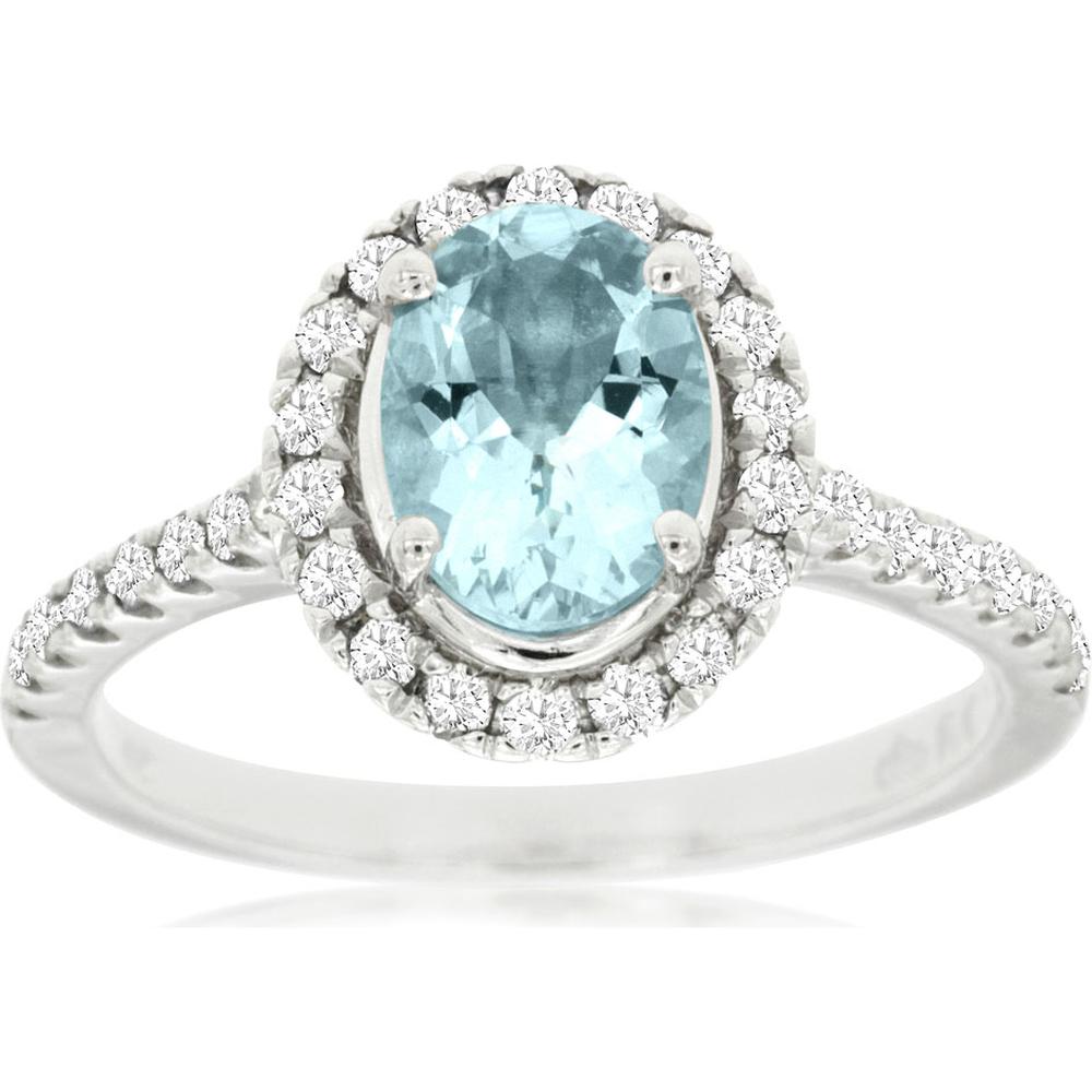 14K White Gold Oval Aquamarine Ring with Diamond Halo and Diamond Accented Shoulders - 1.10 Carat Aquamarine and 0.50 Carat Diamond Total Weight - Royal Jewelry