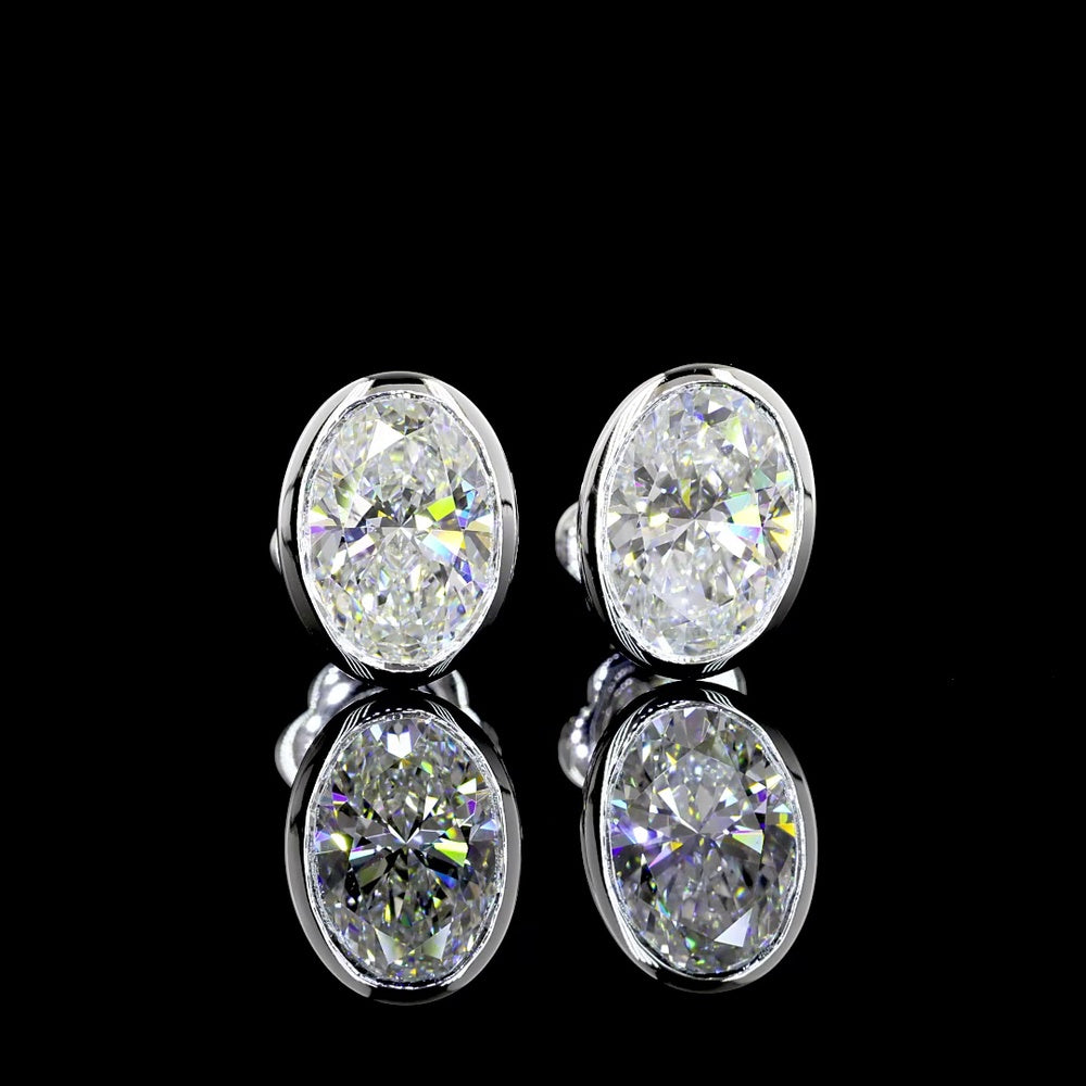 14K White Gold Oval Bezel Set Lab Diamond Stud Earrings - 3.04 Carats Total Weight (D VVS2 GIA Certified) - Covaloro Fine Jewelry