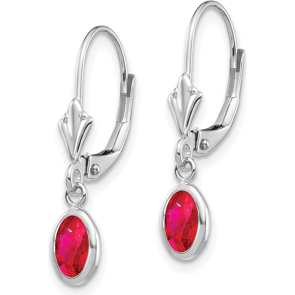 14K White Gold Oval Bezel Set Ruby Leverback Drop Earrings with 0.63 Carat Total Ruby Weight by Oro Pregiato