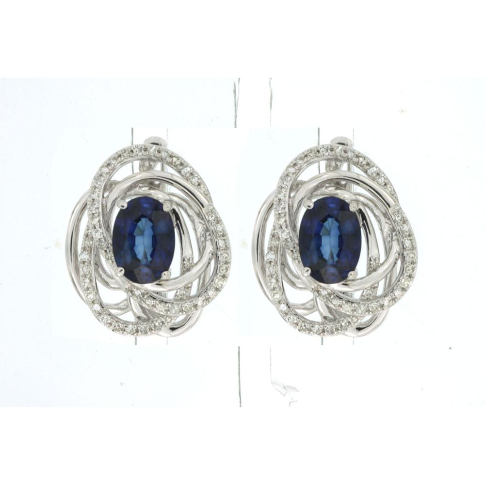 14K White Gold Oval Blue Sapphire and Diamond Halo Earrings - 2.00 Carat Total Sapphire Weight, 0.30 Carat Total Diamond Weight - Royal Jewelry